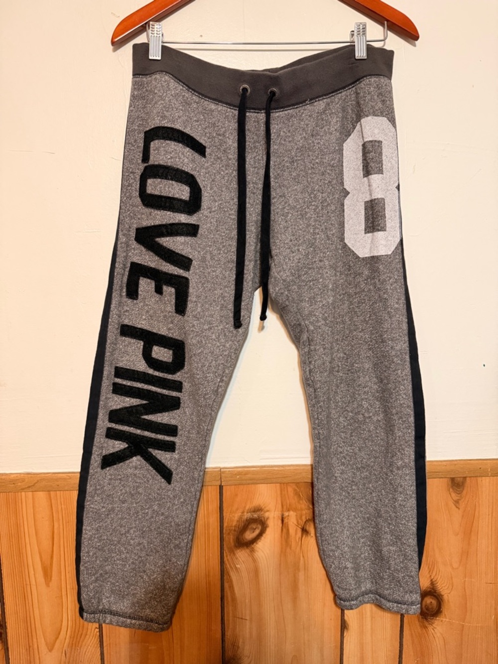 Victoria's Secret Grey and Black 'LOVE PINK' Jogger Pants with Number Detail